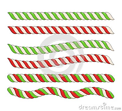 Candy cane line border divider for christmas design isolated on White background. xmas vector illustration set Vector Illustration