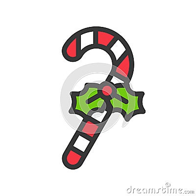 candy cane with mistletoe icon, christmas sweets. editable outline Vector Illustration
