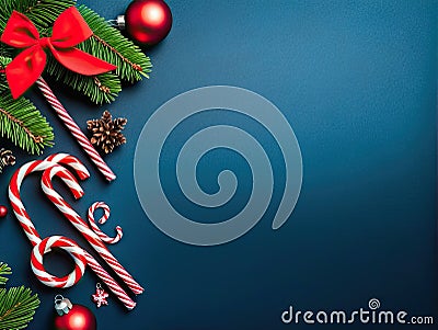 Candy canes and Christmas decor with pine branch Stock Photo