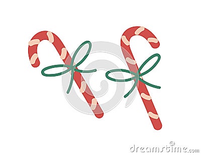 Candy canes. Christmas peppermint sticks, sweet Xmas dessert. Holiday confection, striped candycane with string bow Vector Illustration