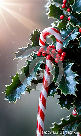 Candy Canes And Holly On A Misty Morning With The Sunlight Peeking Throug. Generative AI Stock Photo