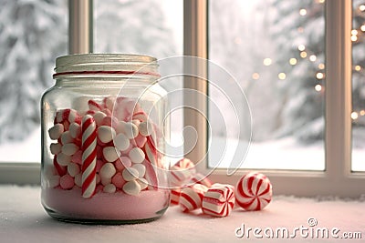 Candy Canes in a Jar with Snowy Backdrop Stock Photo