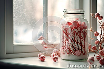 Candy Canes in a Jar with Snowy Backdrop Stock Photo