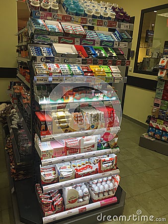 Candy, chewing gum and chocolate selection in supermarket Editorial Stock Photo