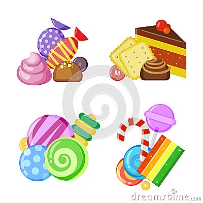 Candy collection concept. Colored and juicy lollipop biscuits chocolate and caramel sweets vector cartoon set Vector Illustration