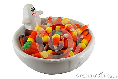 Candy Corn in Ghost Dish Stock Photo