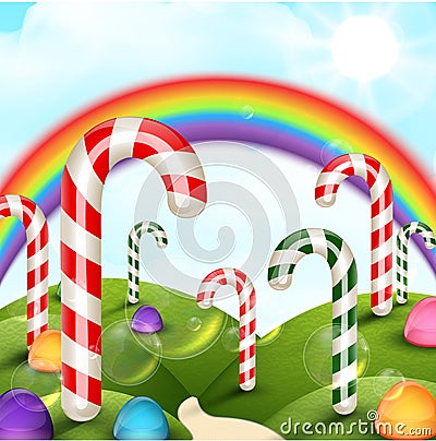 Candy garden background with rainbow Vector Illustration