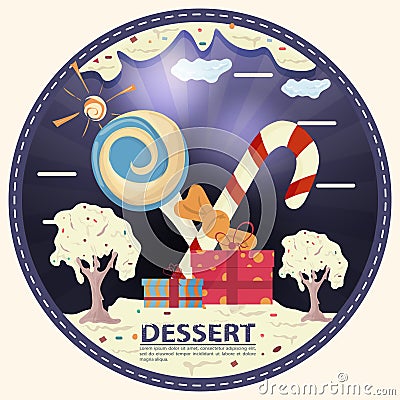 Candy and gift boxes in a clearing made of icing with the words dessert round sticker flat design Vector Illustration