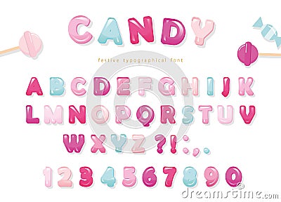 Candy glossy font design. Pastel pink and blue ABC letters and numbers. Sweets for girls. Vector Illustration