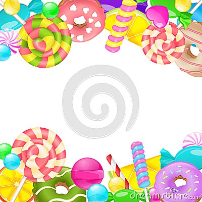 Candy horizontal frame isolated on white. Sweet candy, lollipop, spiral, donat, marmalade background Vector Illustration