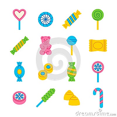 Candy icon vector set. Flat collection with lollipop, sweets, gummy bear, caramel, candy cane, chocolate Vector Illustration