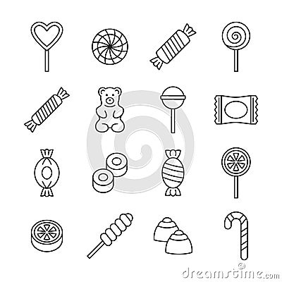 Candy icon vector set. Line collection with lollipop, sweets, caramel, candy cane, chocolate, gummy bear Vector Illustration