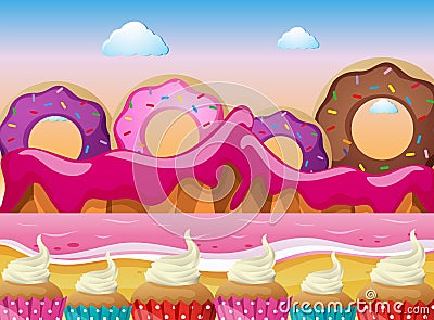 Candy land with donuts and pink ocean Vector Illustration