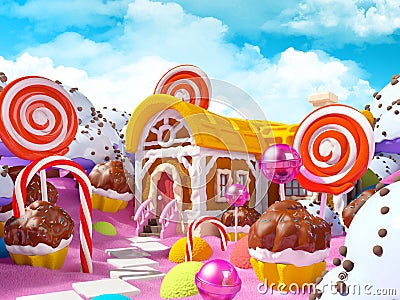 Candy land with fantasy house Cartoon Illustration