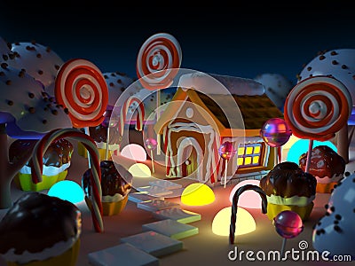 Candy land landscape at night Cartoon Illustration