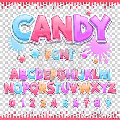 Candy Latin font design. Sweet ABC letters and numbers. Cute children alphabet. Vector Illustration