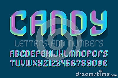 Candy letters and numbers with currency signs. Colorful gradient festive font. Isolated english alphabet Vector Illustration