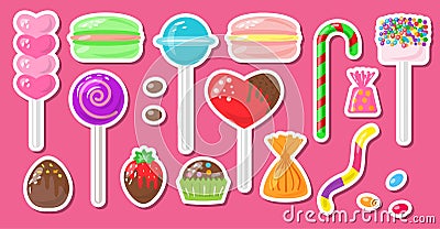 Candy macaroon sweets sticker bonbon colorful set Vector Illustration