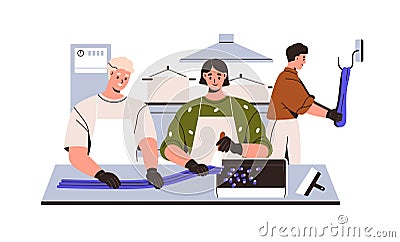 Candy production workshop. Workers making sweets at confectionery factory. Employee team cooking licorice caramel at Vector Illustration