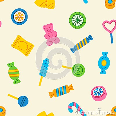 Candy seamless pattern. Sweet background with lollipop, sweets, caramel, candy cane, chocolate, gummy bear. Colorful tasty vector Vector Illustration