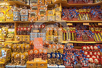 Candy shop, finest selection of sweets, biscuits and chocolates for sale at supermarket Editorial Stock Photo