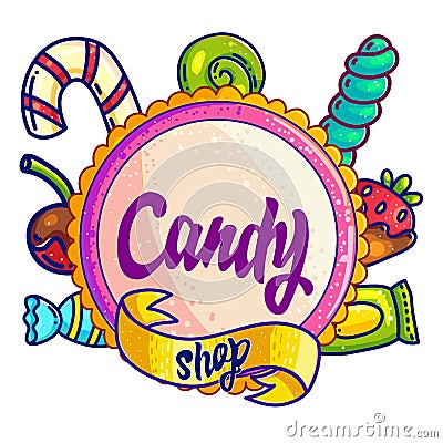 Candy shop hand drawn vector logo design Vector Illustration