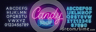 Candy Shop neon sign on brick wall background. Vector Illustration