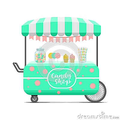 Candy shop street food cart. Colorful vector image Vector Illustration