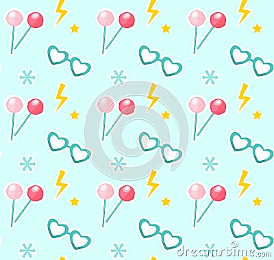 Candy on sticks, glasses in the shape of heart seamless pattern. Fashionable modern endless background, repeating Vector Illustration