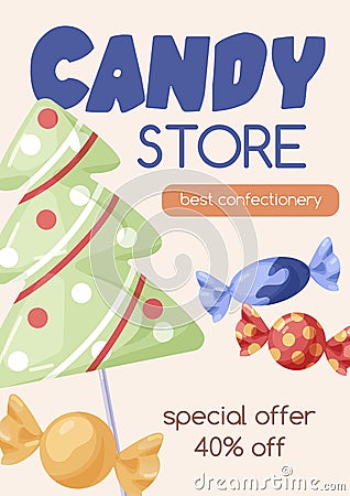 Candy store, ad poster template with Christmas bonbons, Xmas tree lollipop, sugar snacks. Sweet shop advertisement Vector Illustration