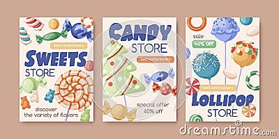 Candy store flyer designs. Sweets shop poster templates. Promo backgrounds with lollipops, sugar bonbons, caramels and Vector Illustration