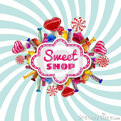 Candy Sweet Shop template set of different colors of candy, candy, sweets, chocolate candy, jelly beans with sprinkles Vector Illustration