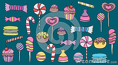 Candy and sweets cartoon doodle elements set. Vector Illustration
