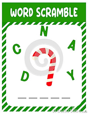 Candy Word scramble . Educational game for kids. English language spelling worksheet for preschool children. Vector Illustration