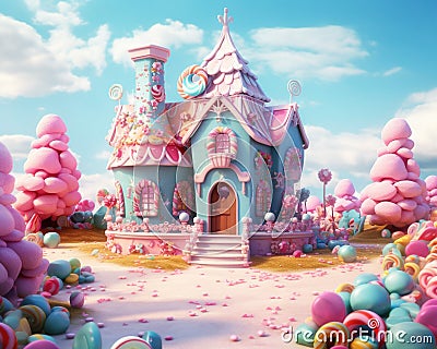 In a candyland generative fantasy of a small pastel colored candyhouse, there is turquoise and pink colored candyhouse. Stock Photo