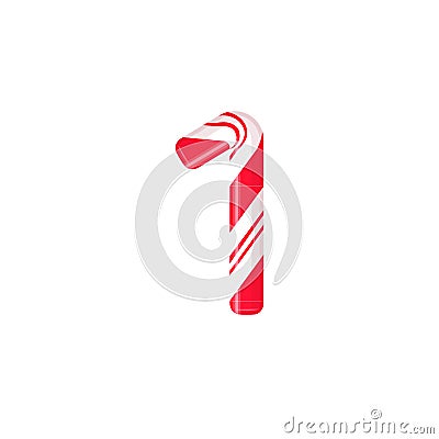 Cane letter 1. Candy font elment. Sweet candy, lollipop latin letters. White letter with red stripes. Circus and clown Vector Illustration