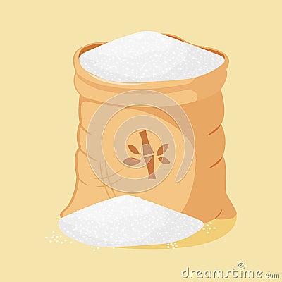 Cane sugar in an open canvas bag. A bunch of loose sugar. Vector Illustration
