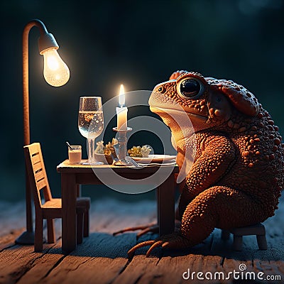 A cane toad enjoying a tiny candlelit dinner for two, photoreal Stock Photo