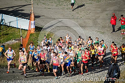 Runners up the first hill in the World Mountain Running Championships Race Editorial Stock Photo