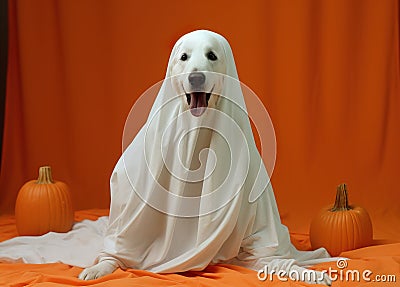 A canine companion in a Halloween costume for a frightful celebration. Stock Photo