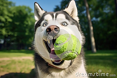 Canine court: husky playing obediently with tennis ball outdoors Stock Photo