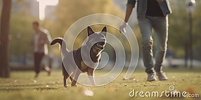 Canine Playtime: Dog and owner chasing ball in the park Stock Photo