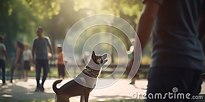 Canine Playtime: Dog and owner chasing ball in the park Stock Photo