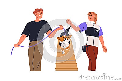 Canine professional, dog trainer teaching cute puppy. Pet owners training doggy. Corgi pup during agility, obedience Vector Illustration