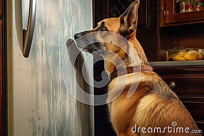 canine staring at a closed refrigerator door Stock Photo