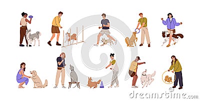 Canine trainers, owners training dogs agility, obedience, education. People giving commands to puppies, exercising with Vector Illustration