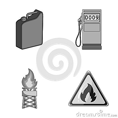 Canister for gasoline, gas station, tower, warning sign. Oil set collection icons in monochrome style vector symbol Vector Illustration