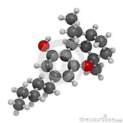 Cannabicyclol or CBL cannabinoid molecule. 3D rendering. Atoms are represented as spheres with conventional color coding: hydrogen Stock Photo
