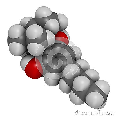 Cannabicyclol or CBL cannabinoid molecule. 3D rendering. Atoms are represented as spheres with conventional color coding: hydrogen Stock Photo