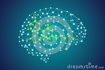 Cannabidiol CBD molecule chemical formula in polygonal plexus brain silhouette Vector Illustration